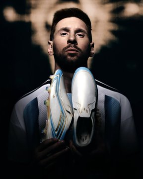 The image features a man holding two soccer cleats, one white and one blue, both of which are Adidas branded. The man appears to be posing for a photo with these shoes, possibly as part of an advertisement or promotional campaign related to soccer.