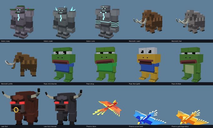 A chart displaying various Minecraft mob character models including Golems (iron, crystal, rune), Mammoths (calves, frost, profile), Peons (child blue, smeg, gold, shadow), Lava Bulls (bull, charcoal), and Phoenixes (blaze, aqua frost, gold legendary).