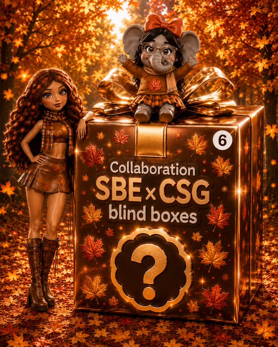A promotional graphic for 'SBE x CSG Collaboration blind boxes' features a doll-like figure with an elephant head and bow sitting atop a large brown gift box decorated with autumn leaves, alongside a fashion doll with curly auburn hair. A number '6' and a question mark are visible on the box.