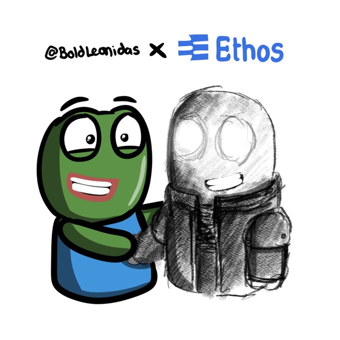 A cartoon frog character from Bold Comics cheerfully poses with a sketched armored figure, accompanied by text reading "@BoldLeonidas x Ethos" at the top, visually celebrating the new patronage announcement of Ethos Network.