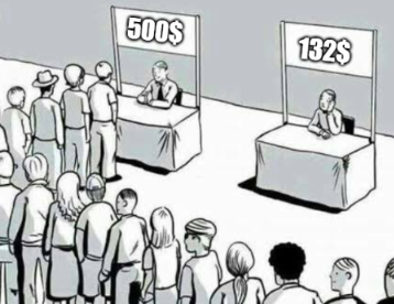 The image shows a line of people waiting at two booths offering different prices—"500$" on the left with a long queue, and "132$" on the right with no customers. This illustrates the post's message about $MSTR, suggesting most investors are waiting to buy at an inflated $500 price while overlooking the fairer $132 value.