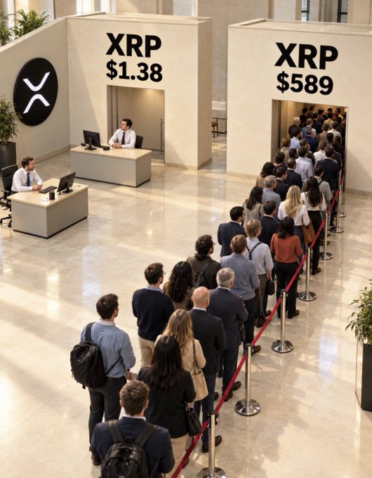 A satirical AI-generated image showing two XRP exchange booths with vastly different prices ($1.38 empty vs. $589 with a massive crowd line), commenting on price disparity speculation.