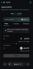 A mobile app screenshot shows the KAITO token page on web3, displaying a staked balance of 0.041 APT (12.53%) and an unstake option processing for 1 day after.