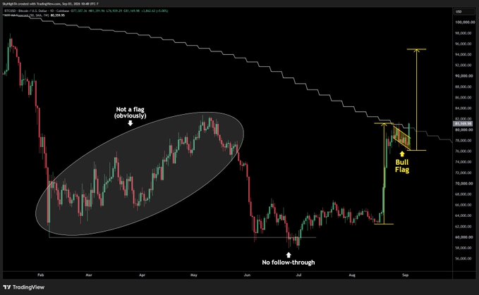 A TradingView daily candlestick chart of Bitcoin ($BTC) annotated with a prior "Not a flag" pattern in February-May and a current "Bull Flag" formation in August, showing projected targets of $95K (conservative, linear) and $102K (aggressive, log), with yellow shaded projection lines extending upward and a note about closing above the weekly 50 SMA potentially bringing $90K levels quickly.
