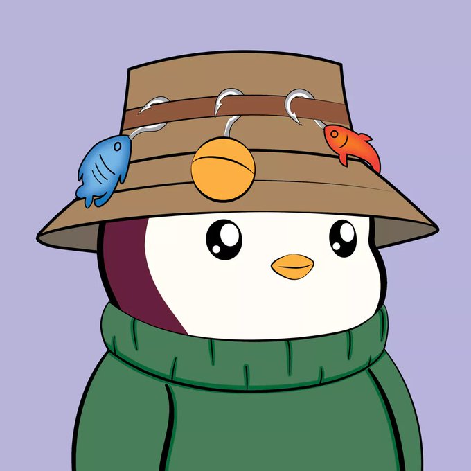 A cartoon penguin wearing a brown fishing hat adorned with fish lures and a green sweater, set against a lavender background. The illustration represents the user's excitement about transitioning from a LilPudgy NFT to a Pudgy Penguin after 658 days, celebrating their entry into the larger Pudgy Penguins community.