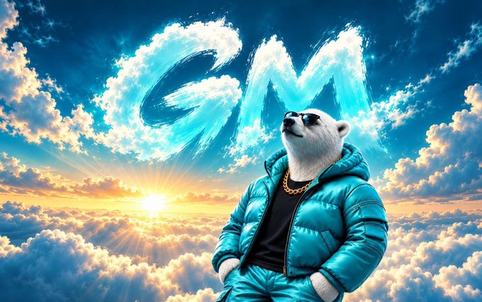 A white polar bear wearing sunglasses and a turquoise puffer jacket stands confidently against a bright sky with clouds, with the letters 'GM' painted in the sky behind it.