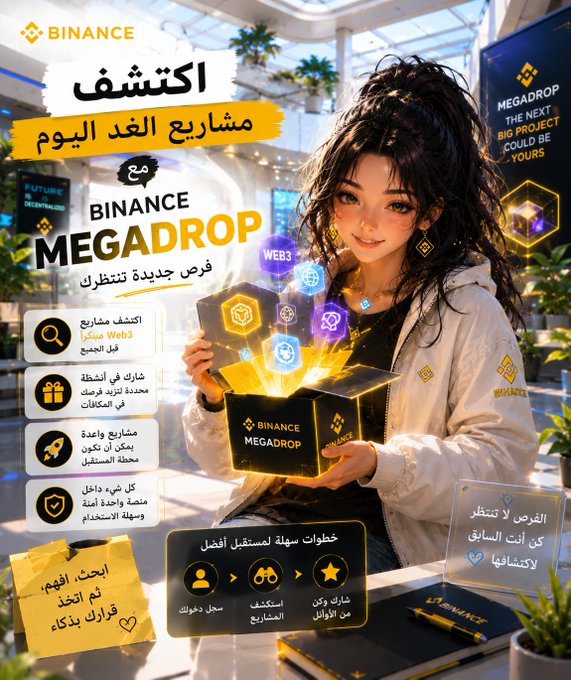 This promotional graphic from Binance advertises their "Megadrop" feature, with Arabic text reading "Discover tomorrow's projects today with Binance Megadrop - new opportunities await you!" and "The opportunity won't wait—get it now and discover it." The accompanying post highlights how Megadrop offers early access to promising Web3 projects, allowing users to discover and participate before they gain mainstream attention, aligning with the image's futuristic scene of a woman opening a glowing box filled with digital tokens representing emerging blockchain projects.