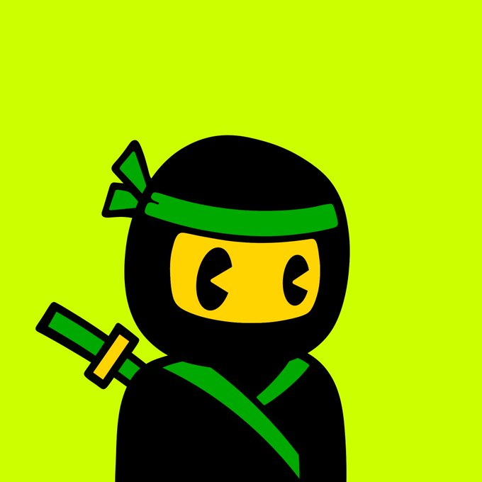 A cartoon illustration of a ninja character with a green headband and swords on a bright green background.