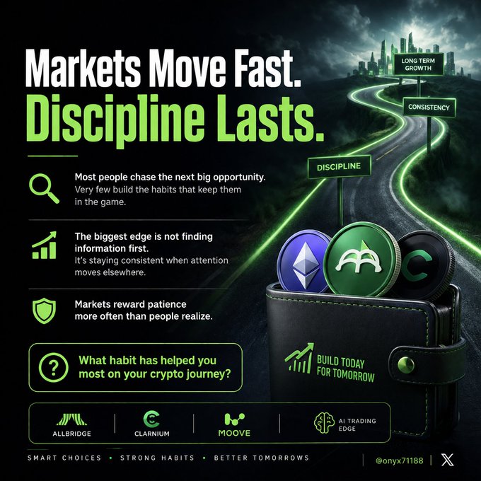 An infographic titled 'Markets Move Fast. Discipline Lasts.' about cryptocurrency investing habits, featuring crypto coins (Ethereum, etc.) in a wallet and listing brands Allbridge, Clarnium, Moove, and AI Trading Edge with the tagline 'Build Today for Tomorrow' and handle @onyx71188.