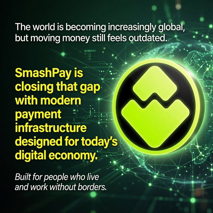 A promotional graphic for SmashPay featuring a glowing green logo and text stating: 'The world is becoming increasingly global, but moving money still feels outdated.'