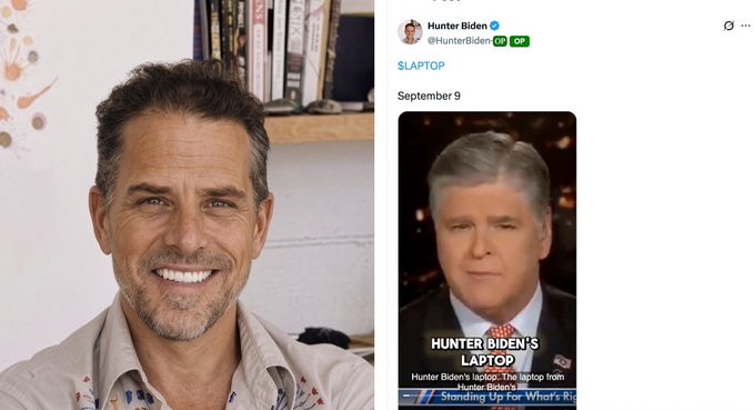 A side-by-side comparison showing Hunter Biden smiling on the left and a Fox News tweet from Hunter Biden's account (@HunterBiden) on the right, featuring Sean Hannity with the caption 'HUNTER BIDEN'S LAPTOP' dated September 9.