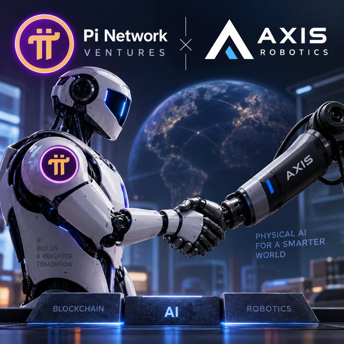 Promotional graphic for a collaboration between "Pi Network VENTURES" and "AXIS ROBOTICS," featuring a humanoid robot and robotic arm shaking hands with the tagline "PHYSICAL AI FOR A SMARTER WORLD."