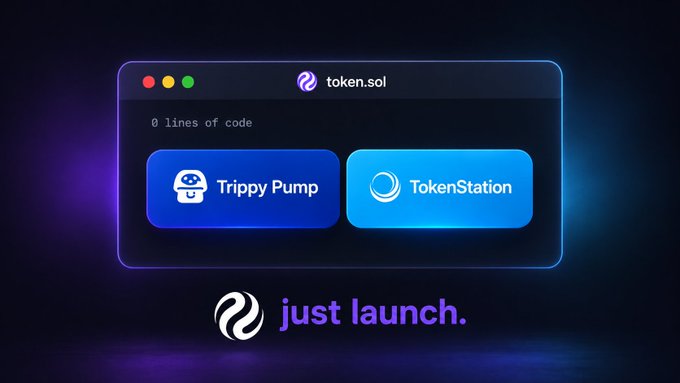 A promotional graphic for 'token.sol' showing a dark window interface with buttons for 'Trippy Pump' and 'TokenStation', the text '0 lines of code', and 'just launch.' displayed below.