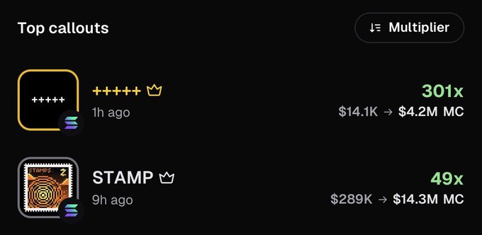 The image shows a "Top callouts" leaderboard on the Pump.fun app, highlighting two successful token predictions: "+++++" with a 301x multiplier (going from $14.1K to $4.2M market cap) and "STAMP" with a 49x multiplier (going from $289K to $14.3M market cap), both made within the last 9 hours. This visually demonstrates the poster's claim of successfully calling two trending runners on Pump.fun while trading exclusively from mobile via the PastelAlpha app.