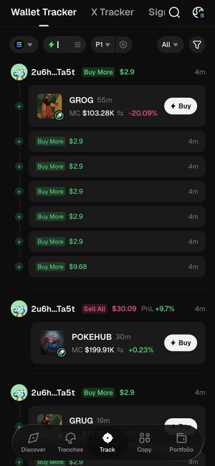 In this image, a person has displayed their wallet tracking app as an icon on their phone's home screen. The app allows users to monitor their smart money accumulation, track trading signals, and access key information like hot tokens and their associated market conditions. One of the features of the app is a "buy more $2.8k" button that can be utilized to potentially increase capital by purchasing additional shares at a higher price. To fully understand this feature, it's necessary to scroll down through the app's menu and explore each of its sections.