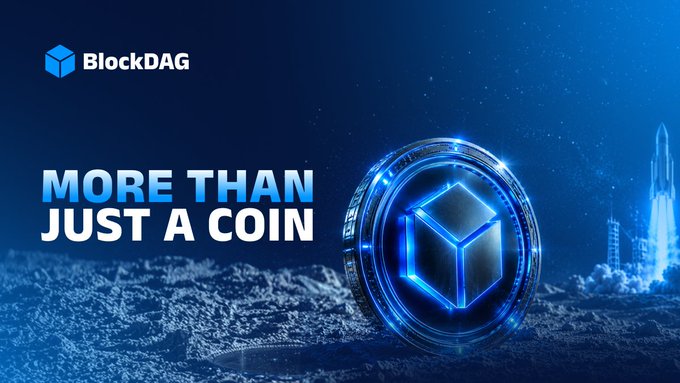 A promotional banner for BlockDAG featuring the tagline "MORE THAN JUST A COIN" alongside a glowing 3D cube logo set against a futuristic blue lunar landscape with a rocket launch in the background, visually reinforcing the brand's message of building a comprehensive crypto ecosystem with real-world utility through products like the X1 App, miners, exchange, and staking services.