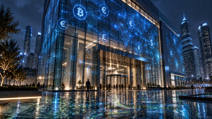 A futuristic nighttime cityscape featuring a modern glass building with glowing digital currency symbols (Bitcoin, Euro, Dollar, Yen) projected on its facade, with people walking around the illuminated plaza.