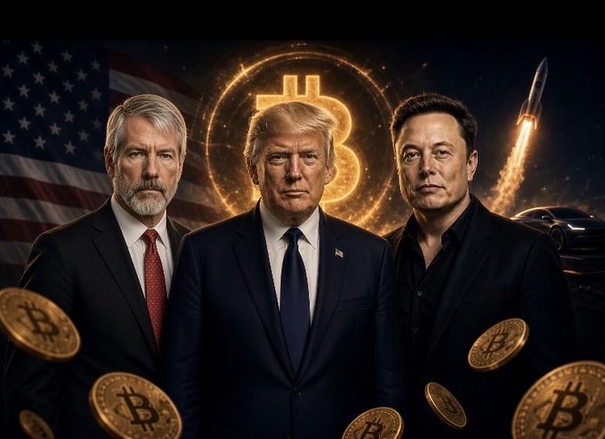 A dramatic AI-generated image featuring three men resembling Jerome Powell, Donald Trump, and Elon Musk, surrounded by floating Bitcoin coins, a glowing Bitcoin logo, and a launching rocket.