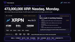 The image shows a tokenized stock tracker page for XRPn (XRPN) priced at $18 with $935M market cap, displaying a 473,000,000 XRP Nasdaq listing scheduled for Monday, October 13. It relates to the post by counting down the final 122 hours until XRPn launches on Nasdaq, highlighting the ticker symbols $XRPN and $XRP.