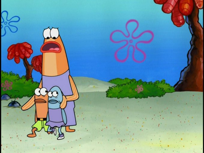 An orange fish character (Mrs. Puff) with two smaller fish stand with wide-eyed, alarmed expressions on a sandy ocean floor in Bikini Bottom, their shocked reactions illustrating the absurdity of "owning 1% of an infinite supply."