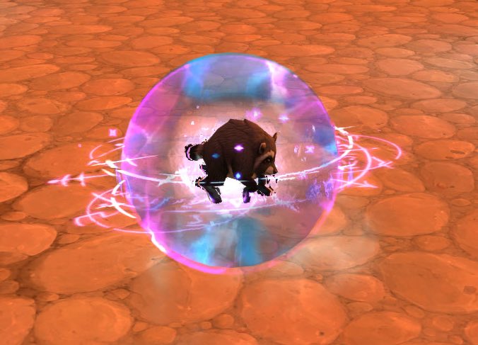 A small dark creature, likely a character named Jimothy, is encapsulated within a glowing translucent pink and blue protective sphere surrounded by crackling magical energy rings, set against a cracked desert stone ground. The protective bubble suggests Jimothy has just survived a powerful attack or spell, giving him a moment of relief.