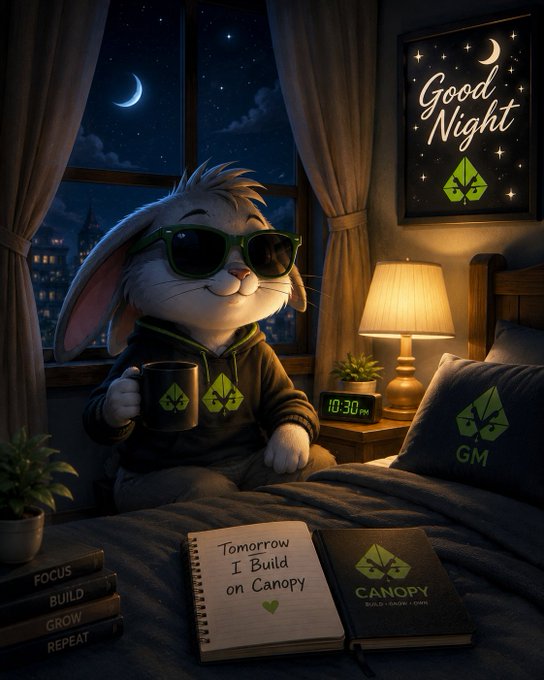 An illustrated bunny wearing sunglasses and a hoodie holds a mug while sitting on a bed at night, with a 'Good Night' sign on the wall and a notebook reading 'Tomorrow I Build on Canopy' next to books labeled 'FOCUS BUILD GROW REPEAT'.