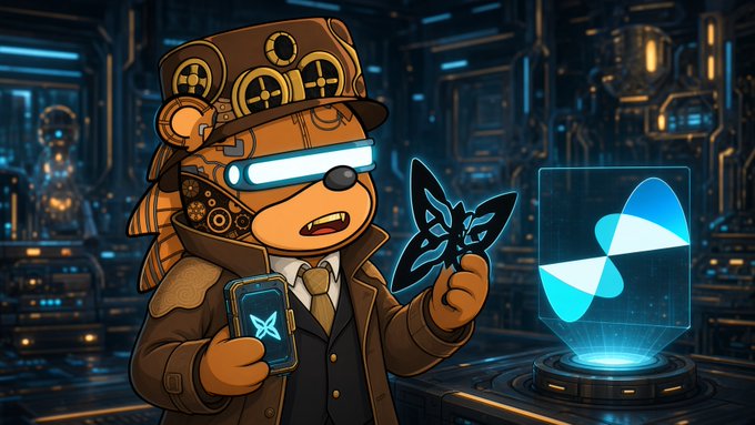 An illustration of a steampunk-style bear wearing goggles, holding a smartphone with an 'X' symbol and a butterfly, standing next to a glowing Sui logo hologram.