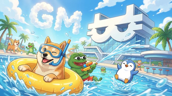 The image features a cartoon scene with a dog wearing goggles swimming in water while holding an inflatable yellow floatie. A penguin is also present in the scene, standing near the dog. The background shows a large white building with a "G" on top and a "M" on the side. The caption reads: "GM Monsters! Dominate quests, dominate rewards."