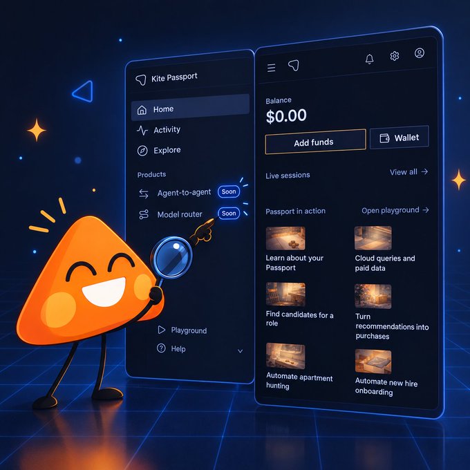A promotional graphic for 'Kite Passport' featuring an orange mascot character holding a magnifying glass, displaying a dashboard with a $0.00 balance and upcoming features like 'Agent-to-agent' and 'Model router' marked as 'Soon'.