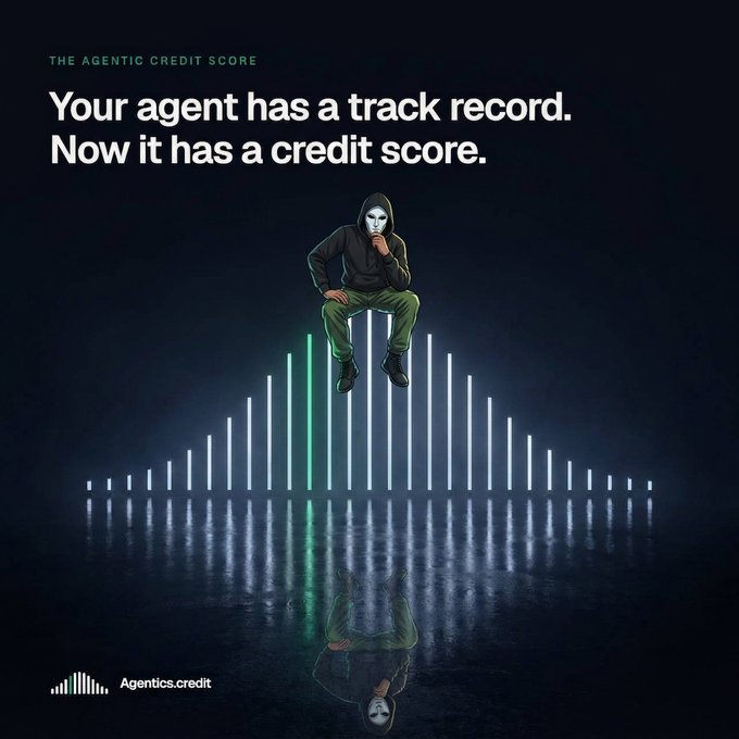 A promotional graphic for 'Agentics.credit' titled 'THE AGENTIC CREDIT SCORE' featuring a masked figure sitting on a glowing soundwave graphic with the text 'Your agent has a track record. Now it has a credit score.'