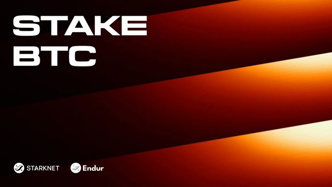 Graphic promoting 'STAKE BTC' featuring logos for Starknet and Endur against a red and orange striped background.