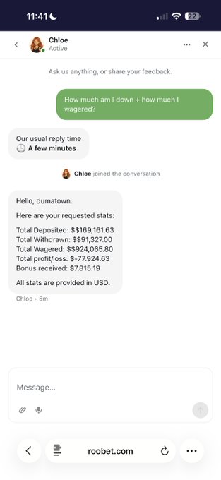 A mobile chat screenshot from roobet.com showing a conversation with 'Chloe' displaying account stats: Total Deposited $169,161.63, Total Withdrawn $891,327.00, Total Wagered $924,065.80, Total profit/loss -$77924.63, and Bonus received: $7,815.19, confirming 'All stats are provided in USD.'