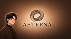 The image features a man in a suit standing next to the "AETERNA" logo, a brand seemingly tied to the Web 3 community, suggesting the post critiques or questions the value of the promotional content. The caption likely mocks the repetitive or low-effort nature of the crypto/Web 3 announcements often seen on social media.