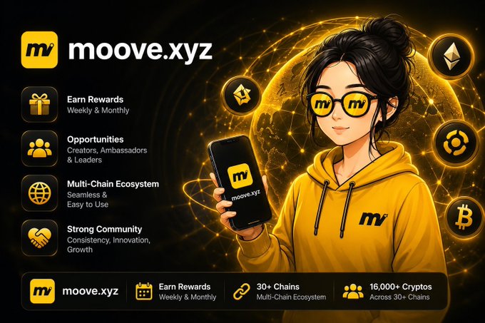 Promotional graphic for moove.xyz featuring a yellow-hoodied anime-style character holding a phone, highlighting features like 'Earn Rewards Weekly & Monthly,' 'Multi-Chain Ecosystem,' and '16,000+ Cryptos Across 30+ Chains' alongside crypto icons.