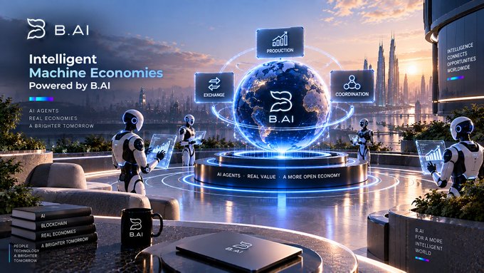 A promotional banner for B.AI titled 'Intelligent Machine Economies,' depicting humanoid robots interacting with a futuristic holographic globe displaying concepts like Production, Exchange, and Coordination.