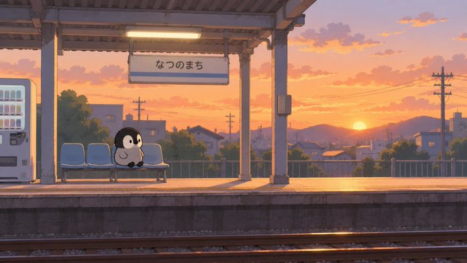 A small round bird sits alone on a bench at a train station labeled "なつのまち" (Natsuno-machi), watching the sun set over the town. The peaceful, solitary scene of waiting at sunset perfectly captures the quiet longing of the phrase "waiting for you."