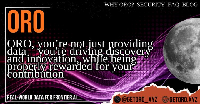 A promotional graphic for ORO with the tagline 'REAL-WORLD DATA FOR FRONTIER AI', featuring text stating 'ORO, you're not just providing data - you're driving discovery and innovation, while being properly rewarded for your contribution,' alongside a moon image and social handles @GETORO_XYZ and GETORO.XYZ.