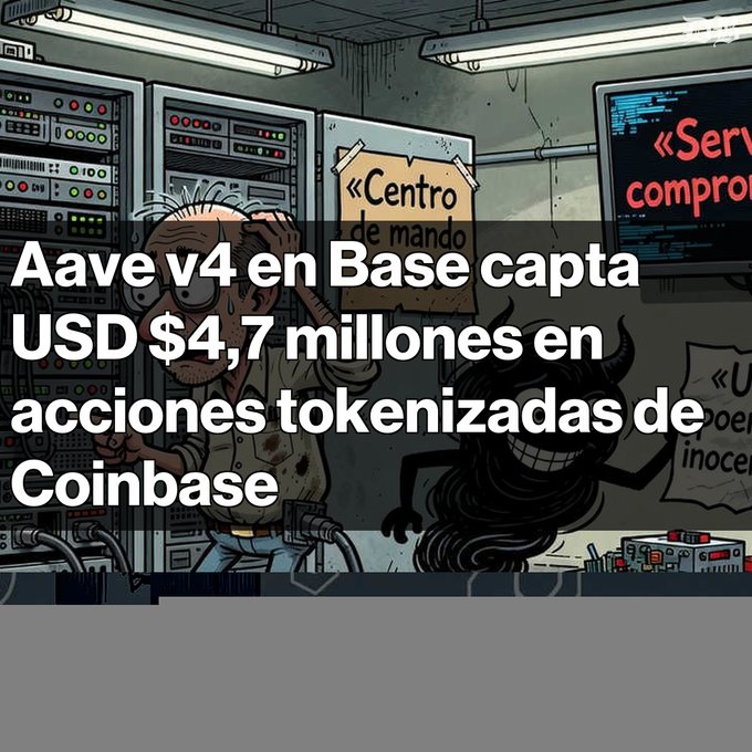 A cartoon depicts a stressed man in a 'Centro de mando' (command center) next to a shadowy figure, with Spanish text overlay: 'Aave v4 en Base capta USD $4,7 millones en acciones tokenizadas de Coinbase'.