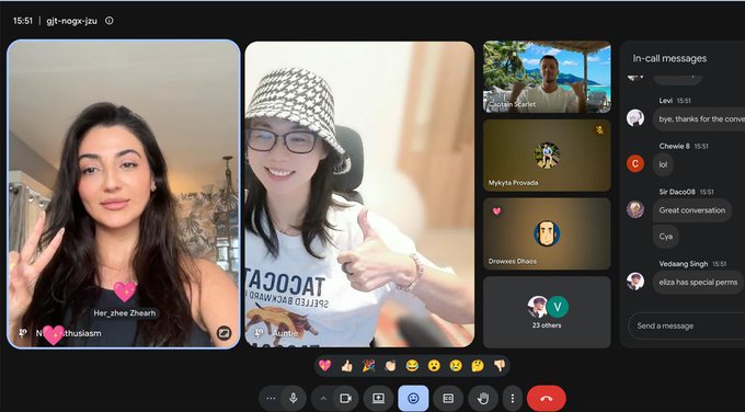 A Discord video call screenshot showing the username 'git-nogx-jzu' with participants 'Her_zhee Zheah' and 'Cecilia' visible in video feeds, along with an in-call messages panel showing various conversations.