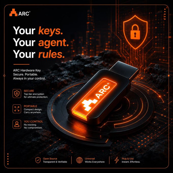 An advertisement for 'ARC' featuring a glowing USB hardware key on a circular platform against a dark circuit-board background, with text reading 'Your keys. Your agent. Your rules.' and emphasizing secure, portable, and user-controlled features.
