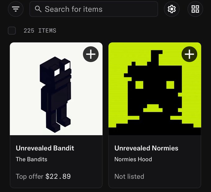 Screenshot of an NFT marketplace showing 225 items, featuring an 'Unrevealed Bandit' from 'The Bandits' collection with a top offer of $22.89, and an 'Unrevealed Normies' from 'Normies Hood' that is 'Not listed'.