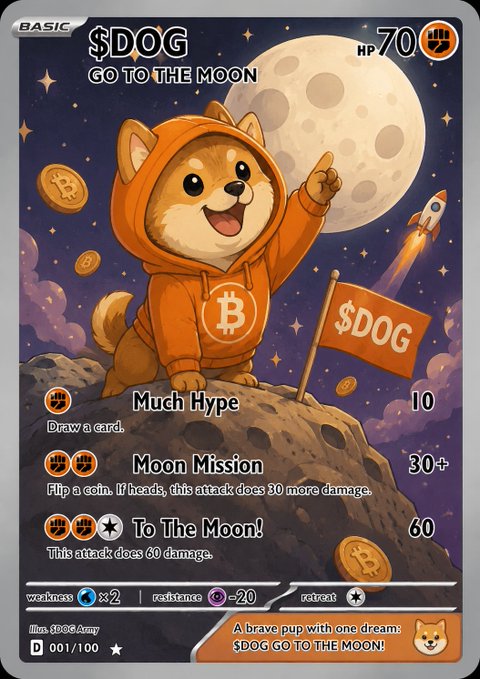 A Pokémon-style trading card titled '$DOG GO TO THE MOON' featuring a cartoon Shiba Inu pointing at the moon, with attacks 'Much Hype', 'Moon Mission', and 'To The Moon!', and flavor text 'A brave pup with one dream: $DOG GO TO THE MOON!'.