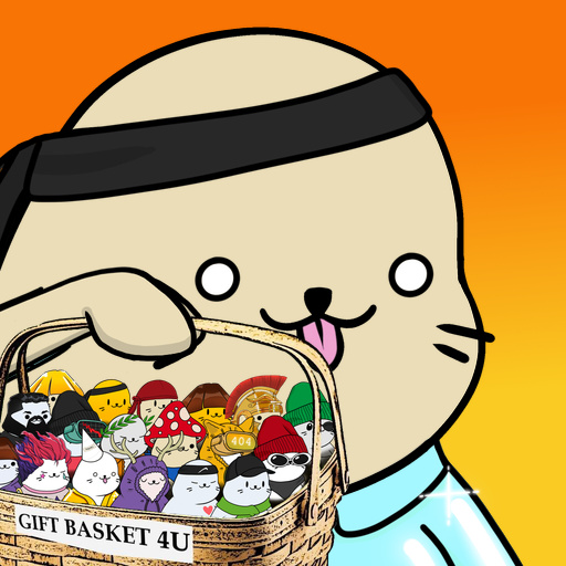 Cartoon illustration of a beige cat character with a black headband holding a 'GIFT BASKET 4U' filled with various colorful character toys against an orange background.