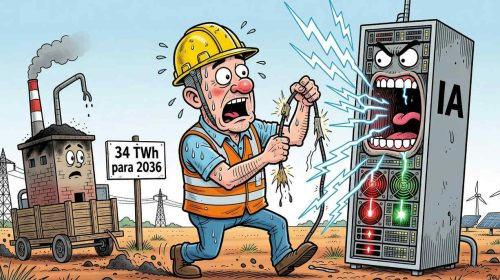 A cartoon showing a stressed worker in a hard hat being electrocuted by an angry 'IA' (AI) server, with a sign reading '34 TWh para 2036'.