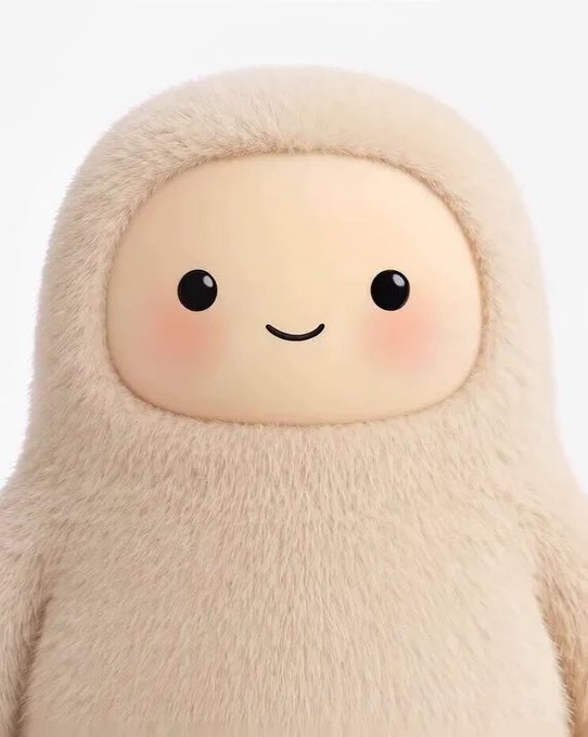 A close-up of an adorable fuzzy beige plush toy character with a simple smiling face, rosy cheeks, and round black eyes.