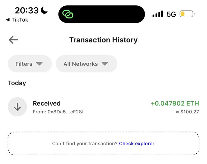 A mobile screenshot of a transaction history page showing a received transaction of +0.047902 ETH (≈ $100.27) from address 0x8Da5...cF28f, with the time displayed as 20:33.