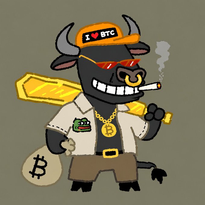 A cartoon bull wearing a gold chain with a Bitcoin "B" pendant, an orange "I ❤ BTC" cap, and red shades smokes a cigar while holding a gold bar, a gold Bitcoin, and a money bag marked "₿." A Pepe the Frog patch appears on his shirt, tying the meme to the post's warning about losing a whitelist spot for not wearing this crypto-bull profile picture.