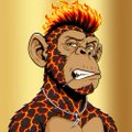A small illustration of a monkey character with glowing lava-textured skin, flaming hair, and glowing yellow eyes wearing a gold necklace.
