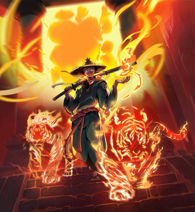 An anime-style illustration depicting a ninja-like character wearing a straw hat and green outfit, wielding a sword while surrounded by flames and two fiery tiger spirits.