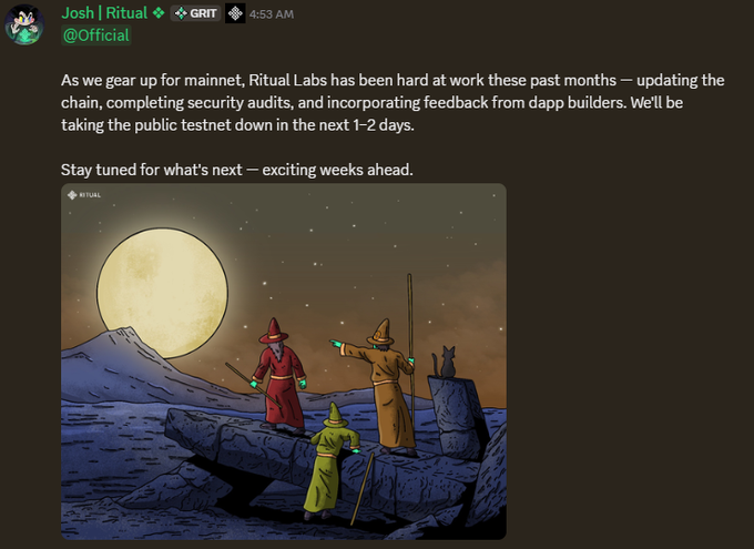 A Discord message from Josh | Ritual announces Ritual Labs is taking down the public testnet in 1-2 days while preparing for mainnet, accompanied by an illustration of wizards under a full moon.